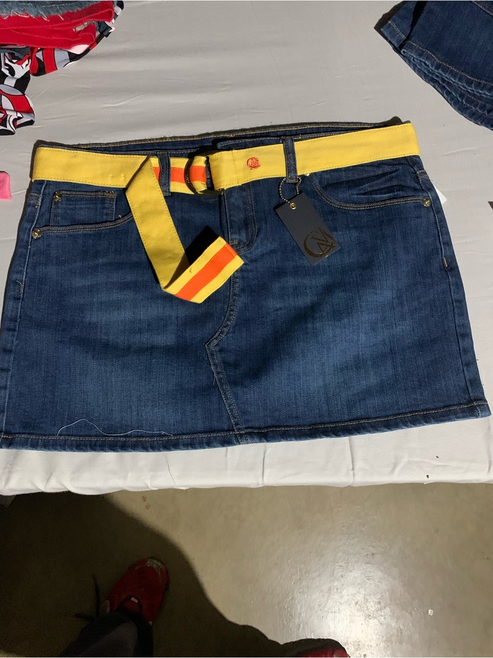 Denim Mini Skirt with Yellow Striped Belt